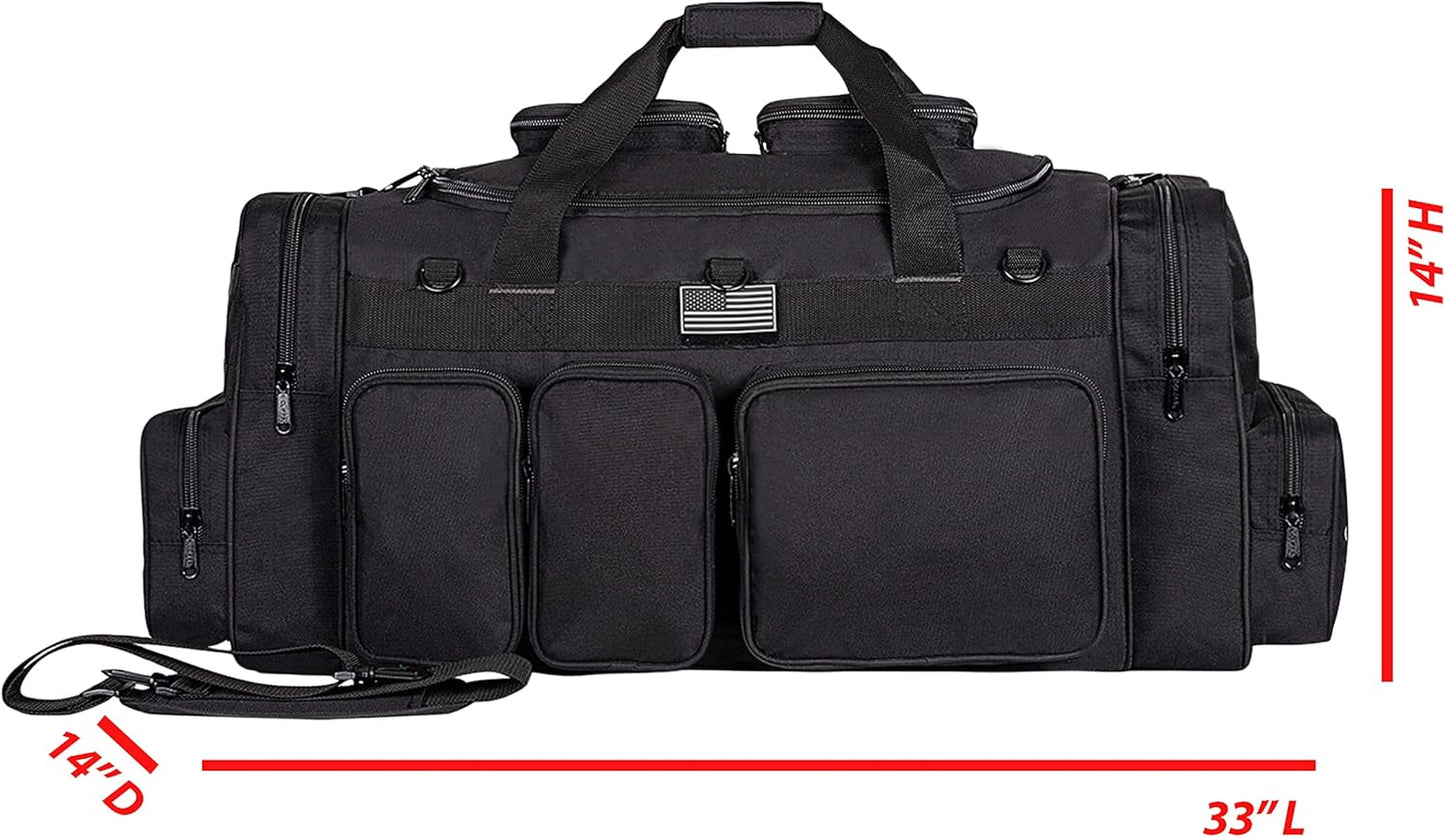 Tactical Range Duffel Heavy Duty Large Gear Duffle Durable Quality Travel Sports Gym Equipment Bag Military Molle with Lockable Zippers with US Flag Patch 33 Inch Black