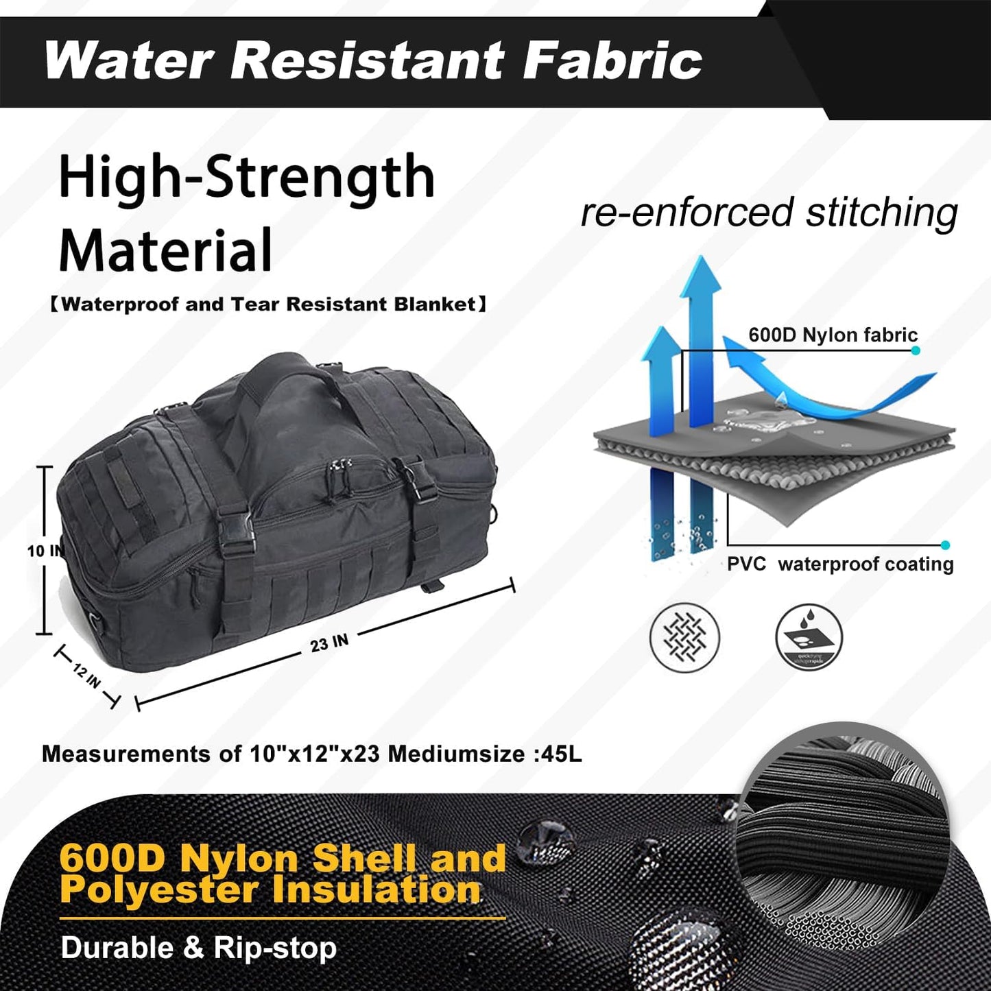 3 in 1 Military Backpack Travel Duffle Bag for Weekender Gym Traveling Workout Deployment