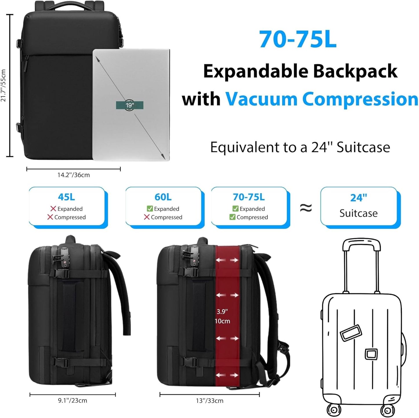 Airback Backpack, 70L Expandable Air Vacuum Backpack for Travel, Vacpack Travel Vacuum Bags with Pump, TSA Lock, USB Charging Port, Waterproof