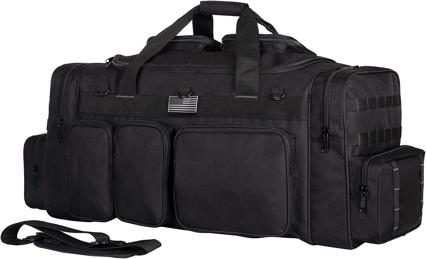 Tactical Range Duffel Heavy Duty Large Gear Duffle Durable Quality Travel Sports Gym Equipment Bag Military Molle with Lockable Zippers with US Flag Patch 33 Inch Black