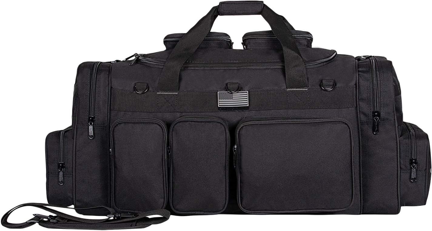 Tactical Range Duffel Heavy Duty Large Gear Duffle Durable Quality Travel Sports Gym Equipment Bag Military Molle with Lockable Zippers with US Flag Patch 33 Inch Black
