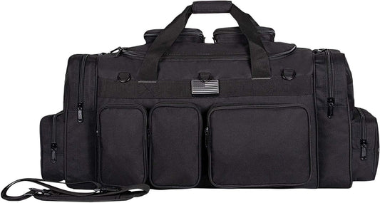 Tactical Range Duffel Heavy Duty Large Gear Duffle Durable Quality Travel Sports Gym Equipment Bag Military Molle with Lockable Zippers with US Flag Patch 33 Inch Black