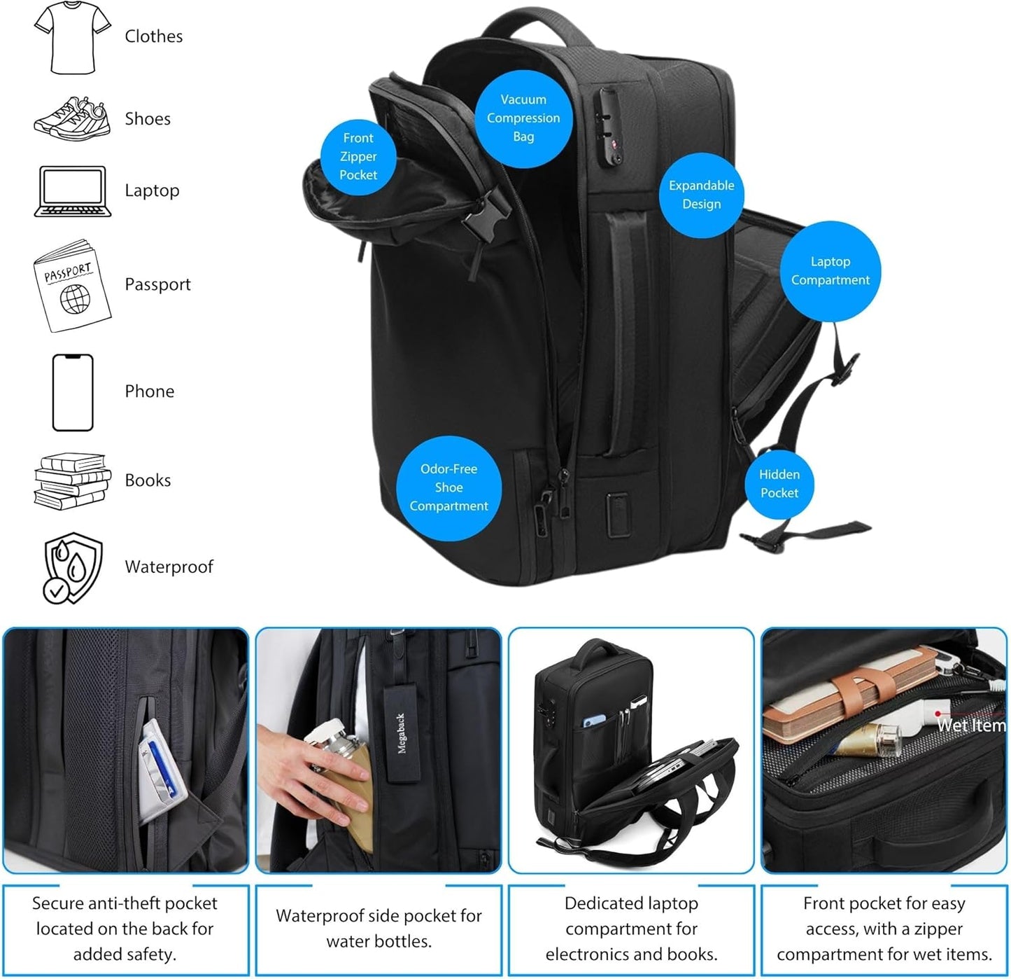 Airback Backpack, 70L Expandable Air Vacuum Backpack for Travel, Vacpack Travel Vacuum Bags with Pump, TSA Lock, USB Charging Port, Waterproof
