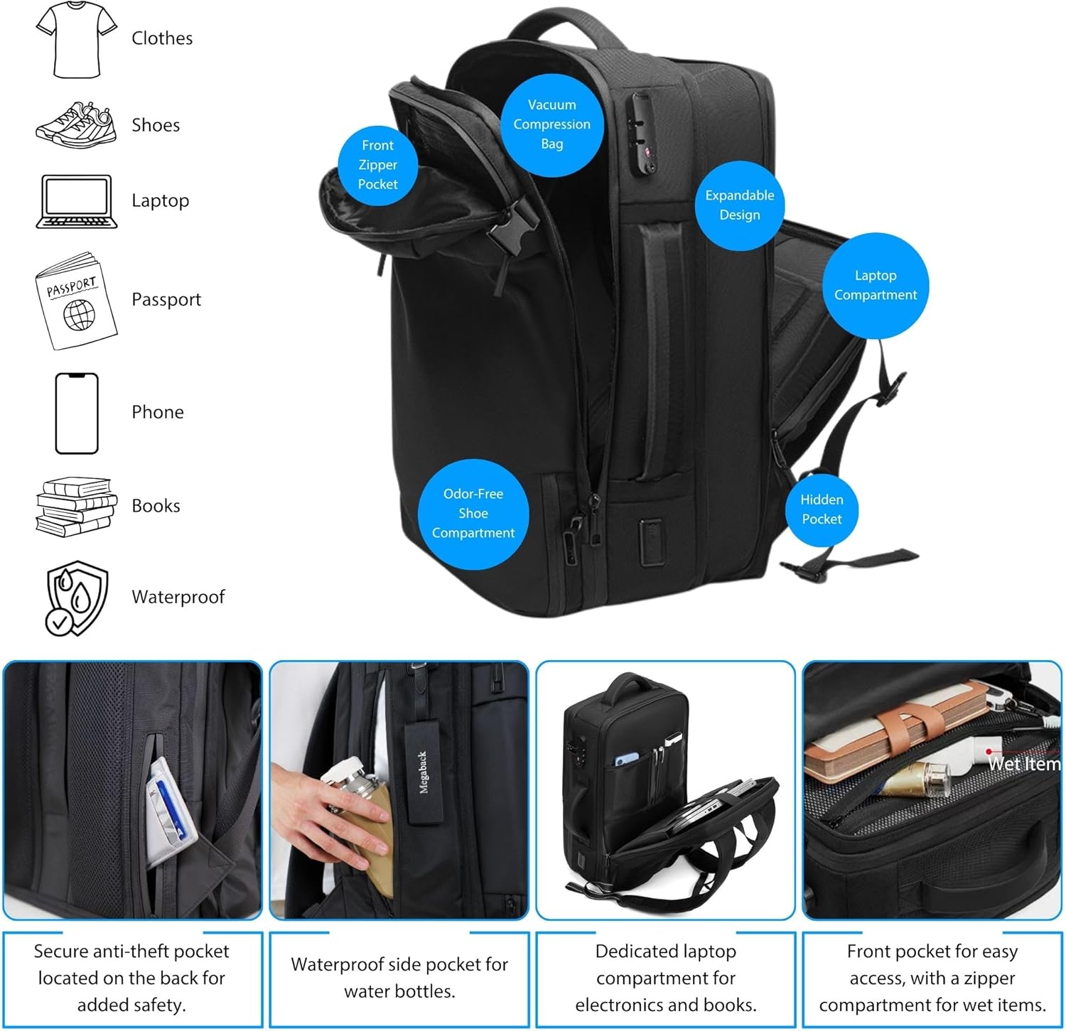 Airback Backpack, 70L Expandable Air Vacuum Backpack for Travel, Vacpack Travel Vacuum Bags with Pump, TSA Lock, USB Charging Port, Waterproof