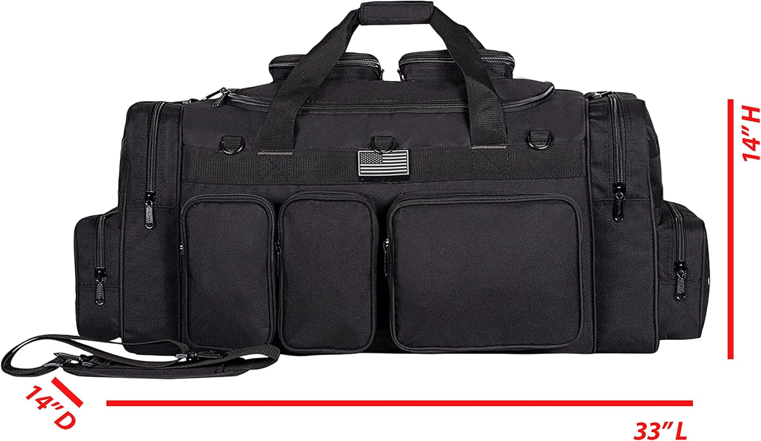 Tactical Range Duffel Heavy Duty Large Gear Duffle Durable Quality Travel Sports Gym Equipment Bag Military Molle with Lockable Zippers with US Flag Patch 33 Inch Black