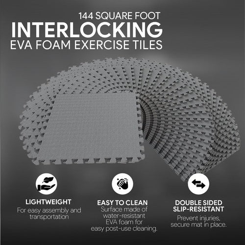 Balancefrom Fitness 144 Sq Ft Interlocking EVA Foam Exercise Mat Tiles, Gray